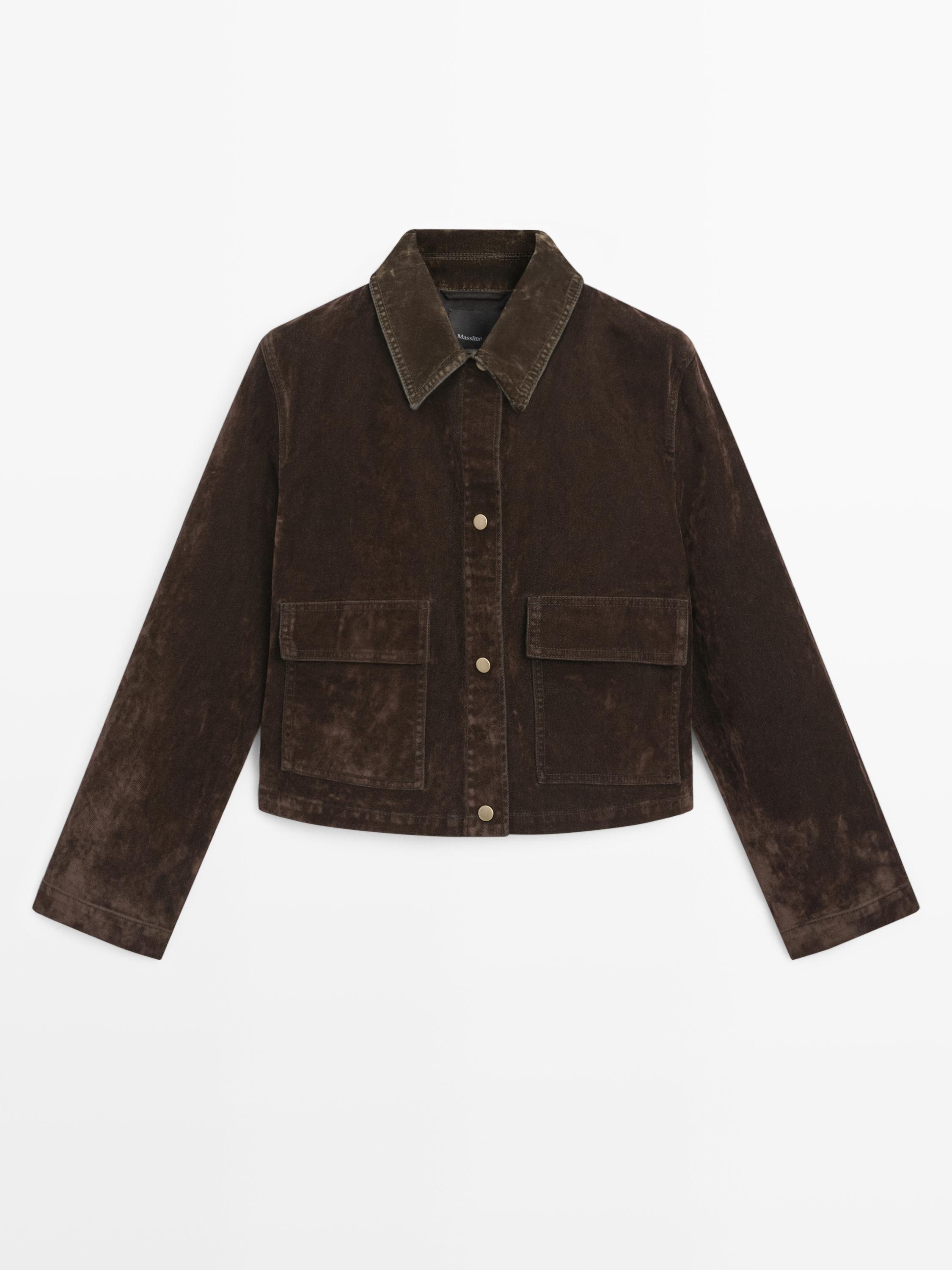 Short denim jacket with pockets and flocked finish